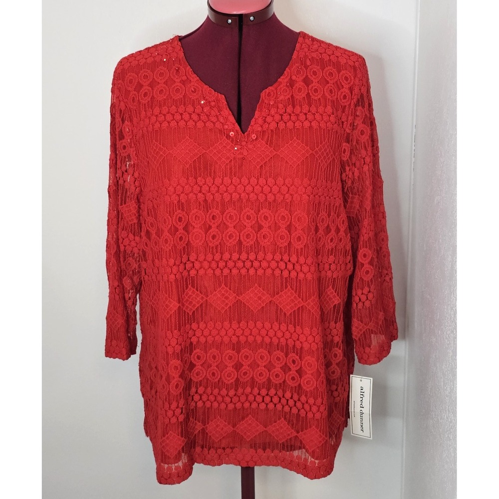 Alfred Dunner Uptown Girl L Red Lace Tunic Top 3/4 Sleeve NWT $40